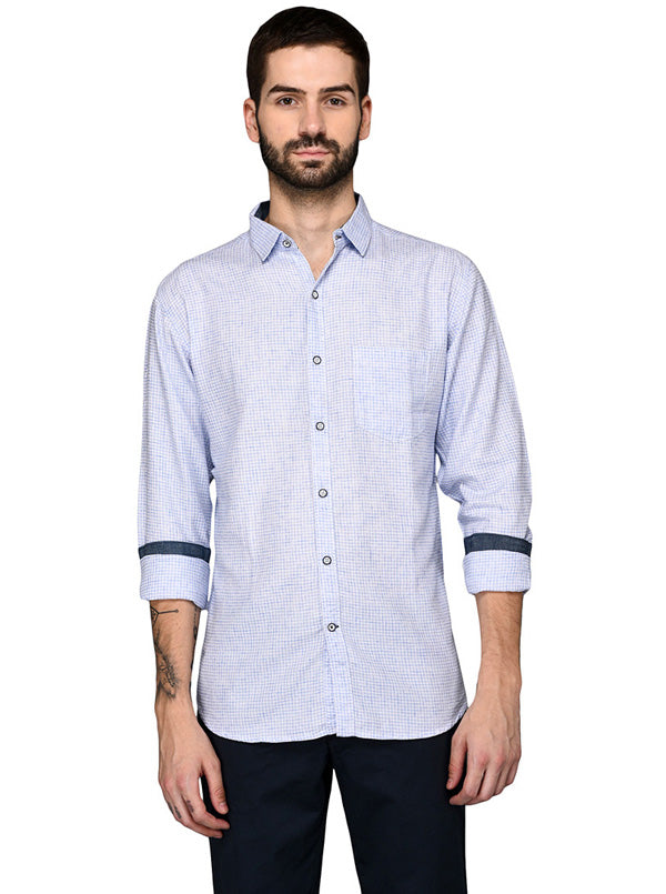 Greenfibre Sky Blue Checked Slim Fit Casual Shirt