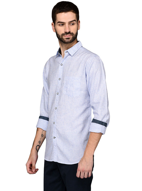 Greenfibre Sky Blue Checked Slim Fit Casual Shirt