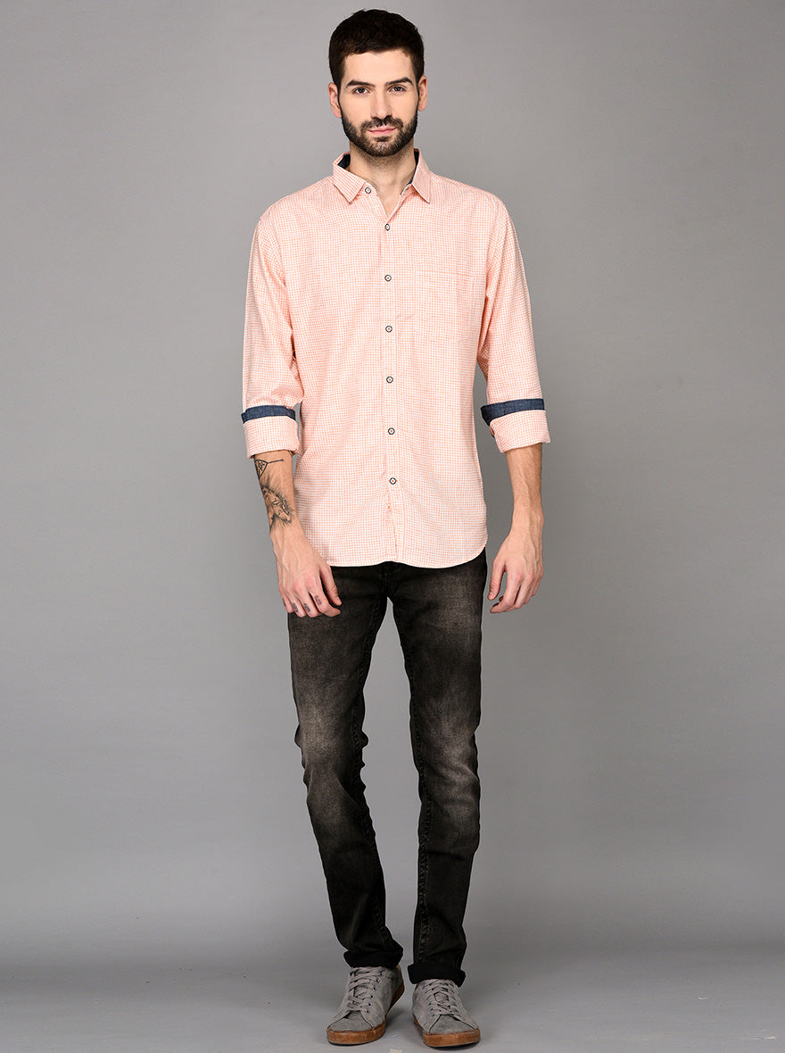 Greenfibre Peach Pink Checked Slim Fit Casual Shirt