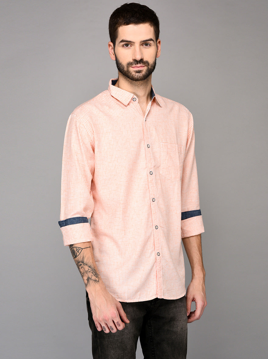 Greenfibre Peach Pink Checked Slim Fit Casual Shirt