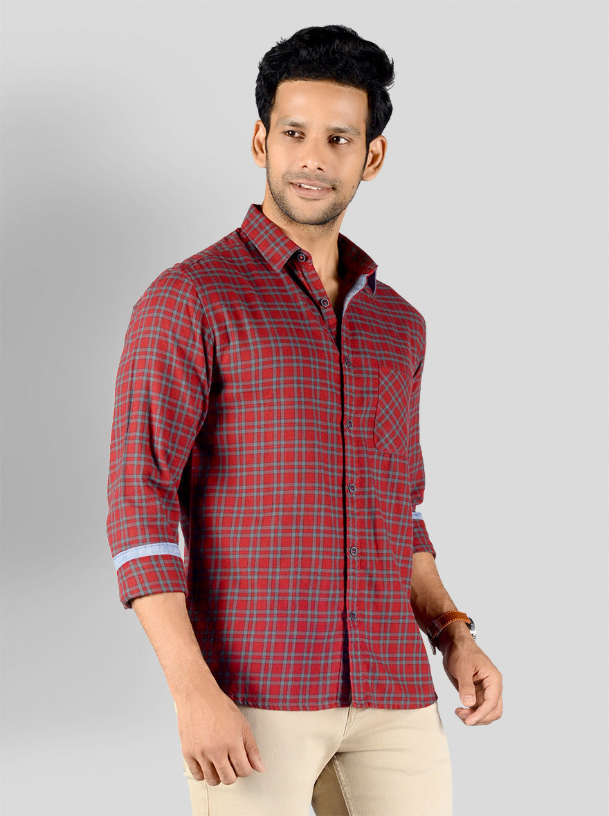 Chinese Red & Grey Checked Slim Fit Casual Shirt | Greenfibre