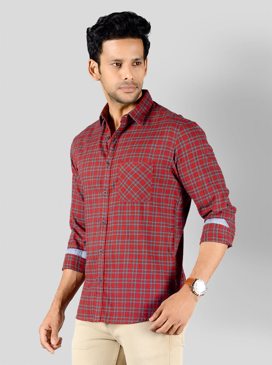 Chinese Red & Grey Checked Slim Fit Casual Shirt | Greenfibre