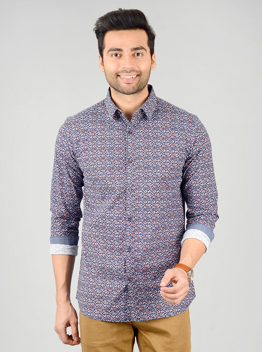 Dark Blue Printed Slim Fit Casual Shirt | JB Sport