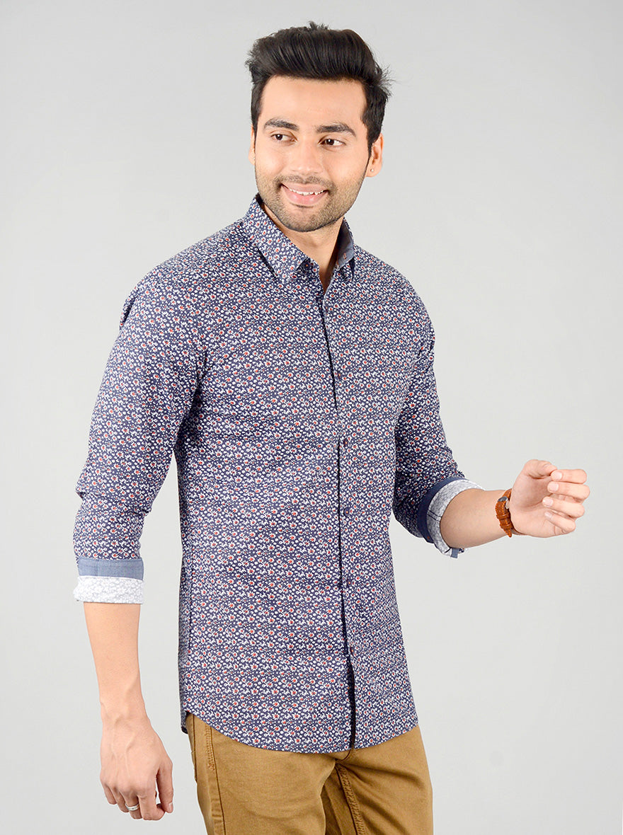 Dark Blue Printed Slim Fit Casual Shirt | JB Sport