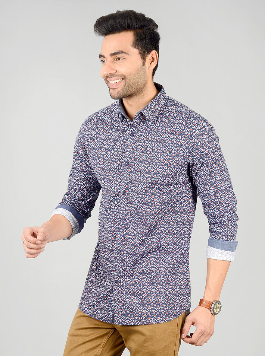 Dark Blue Printed Slim Fit Casual Shirt | JB Sport