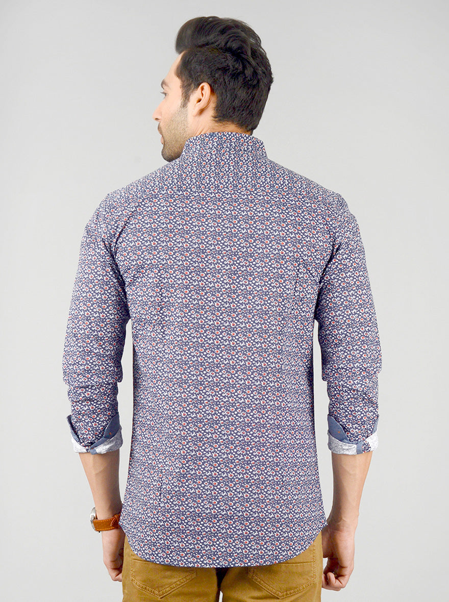 Dark Blue Printed Slim Fit Casual Shirt | JB Sport