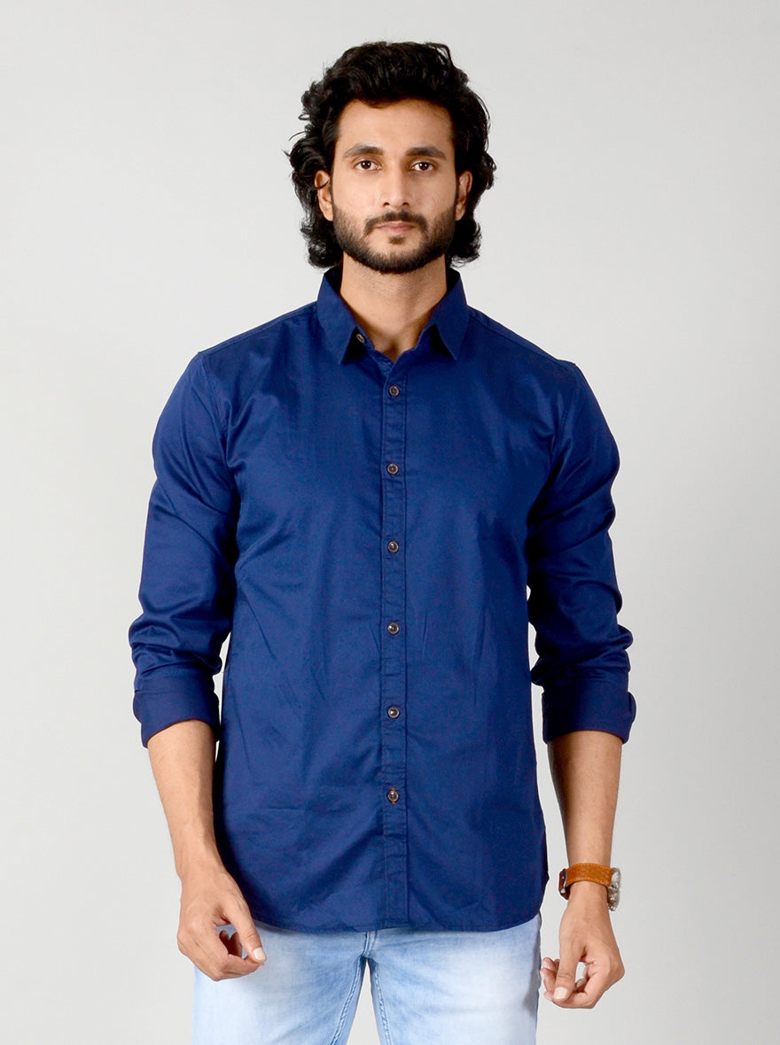 Limoges Blue Solid Slim Fit Casual Shirt | JB Sport