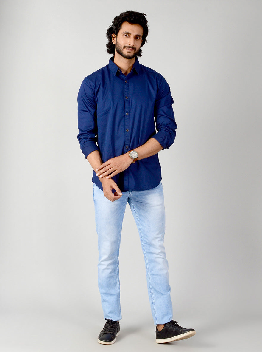 Limoges Blue Solid Slim Fit Casual Shirt | JB Sport