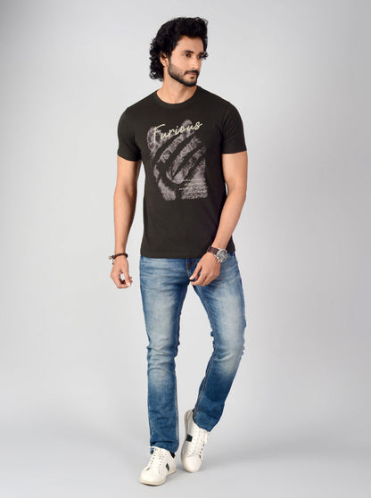Dark Olive Green Printed Slim Fit T-shirt | Greenfibre
