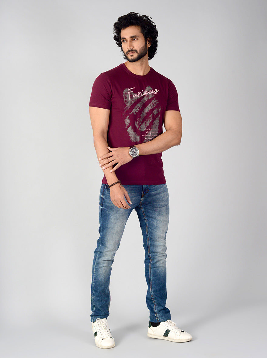 Wine Printed Slim Fit T-shirt | Greenfibre