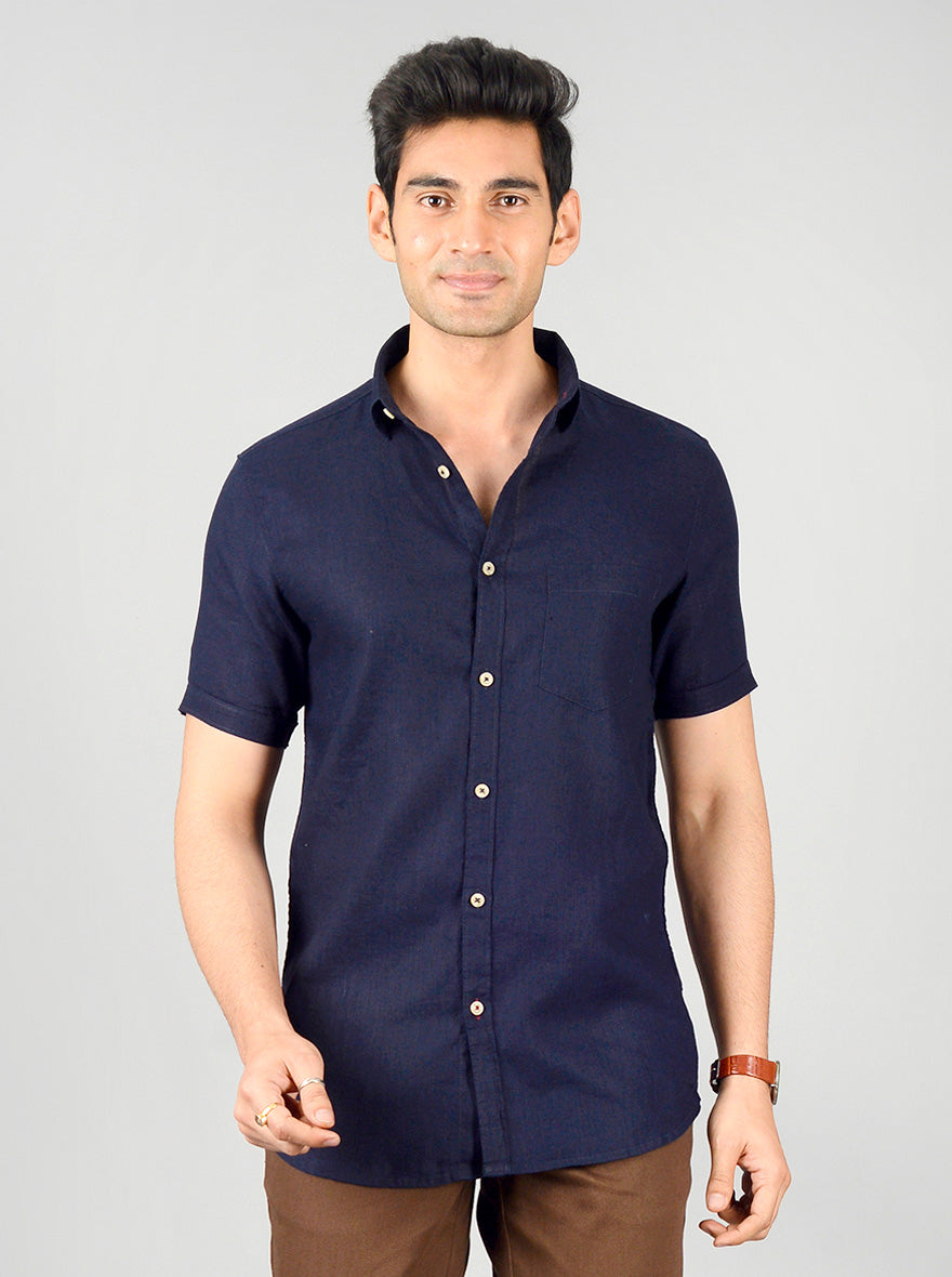 Navy Blue Solid Slim Fit Casual Shirt | JB Sport