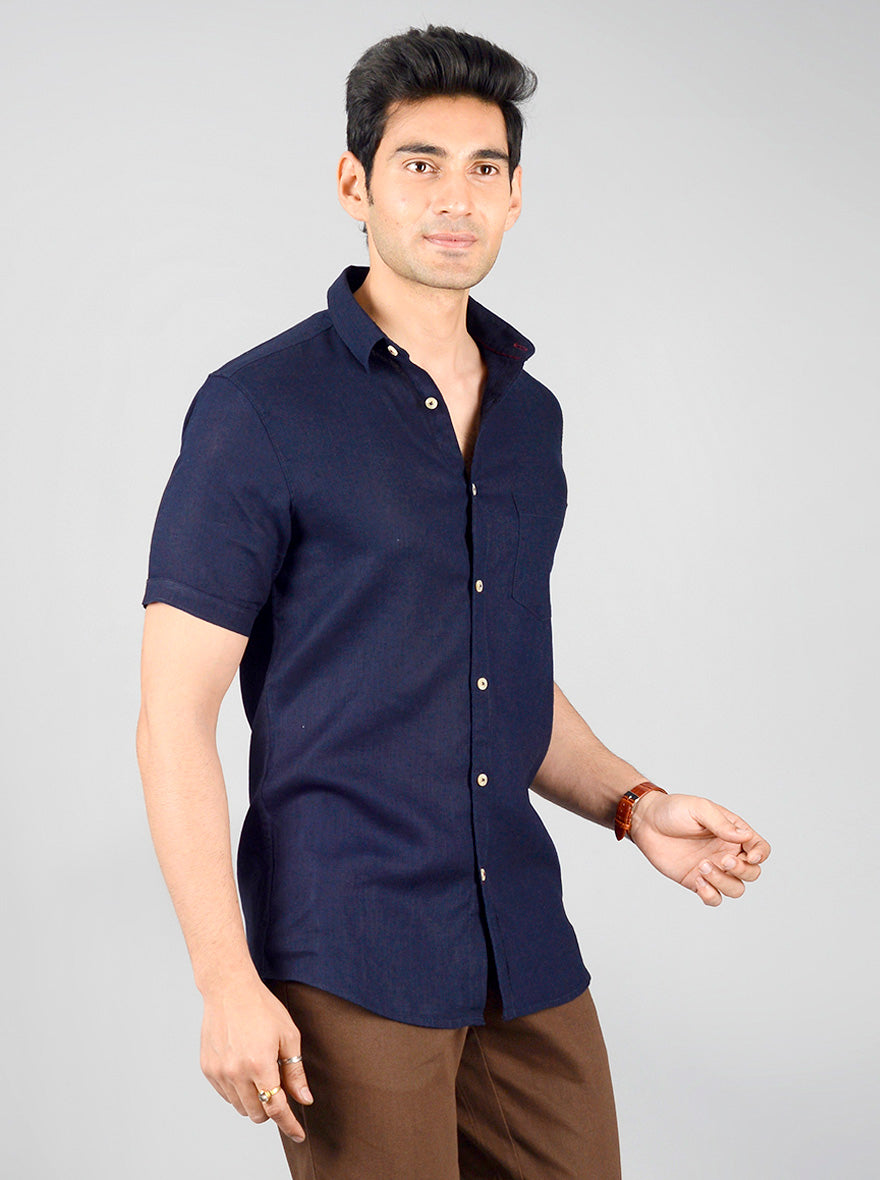 Navy Blue Solid Slim Fit Casual Shirt | JB Sport