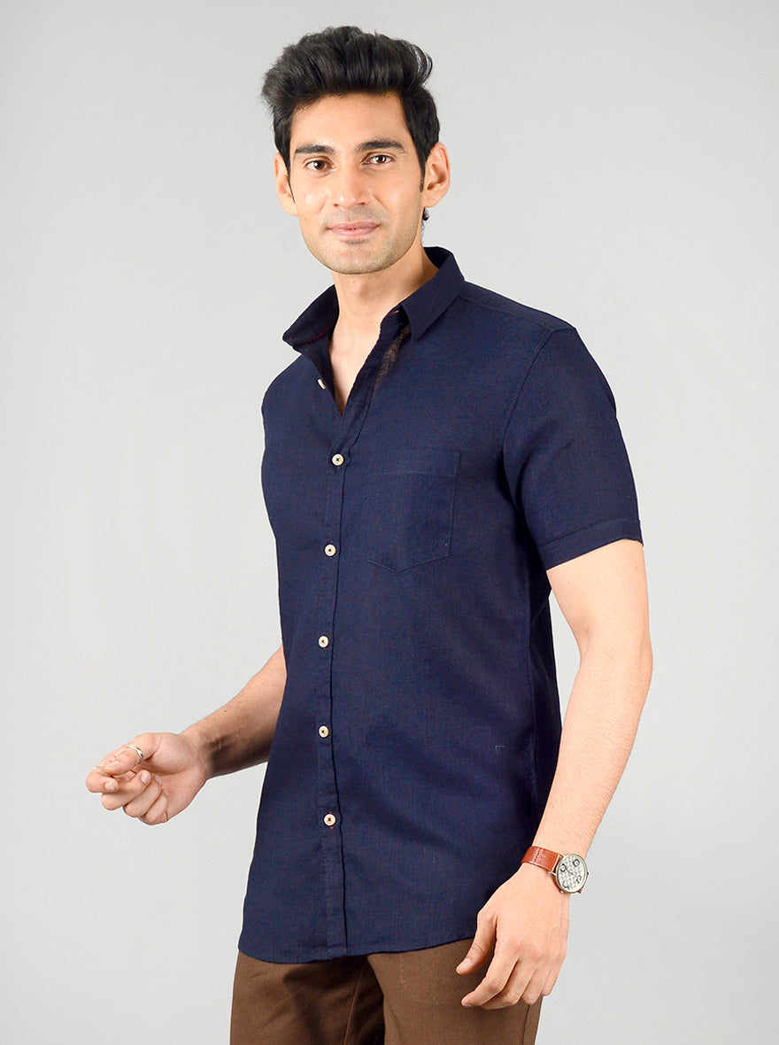 Navy Blue Solid Slim Fit Casual Shirt | JB Sport