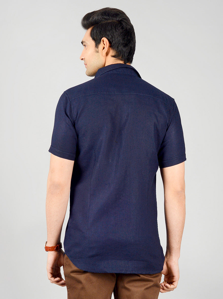 Navy Blue Solid Slim Fit Casual Shirt | JB Sport