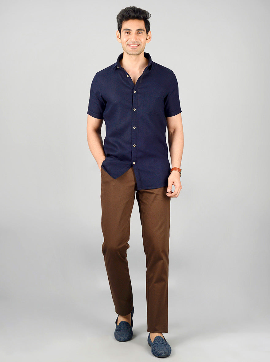 Navy Blue Solid Slim Fit Casual Shirt | JB Sport