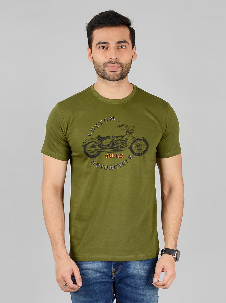 Olive Printed Slim Fit T-Shirt | Greenfibre