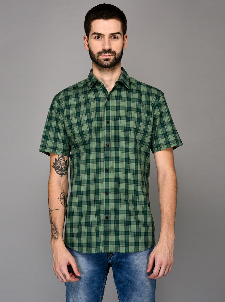 Green Checked Slim Fit Casual Shirt | JB Sport