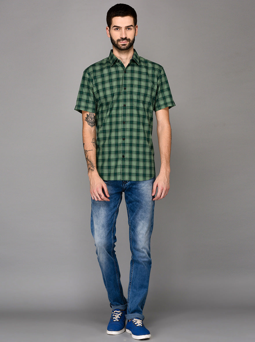 Green Checked Slim Fit Casual Shirt | JB Sport