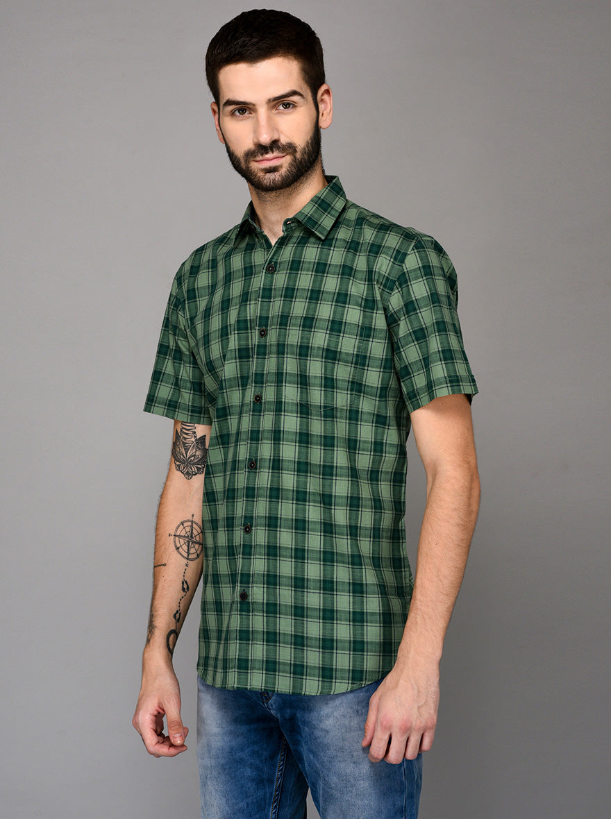 Green Checked Slim Fit Casual Shirt | JB Sport