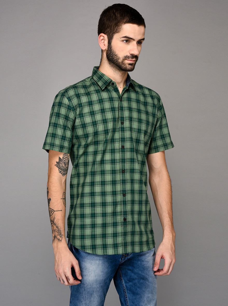 Green Checked Slim Fit Casual Shirt | JB Sport