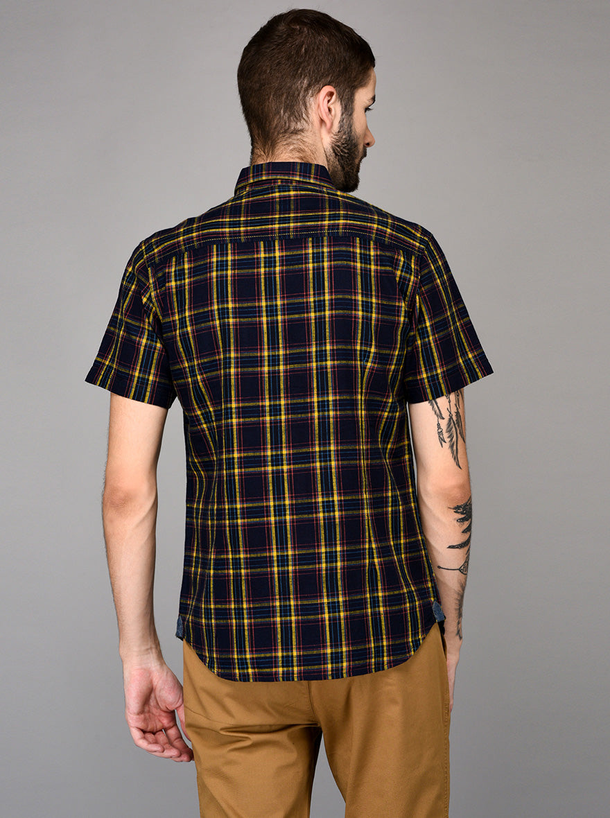Greenfibre Blue & Yellow Checked Slim Fit Casual Shirt