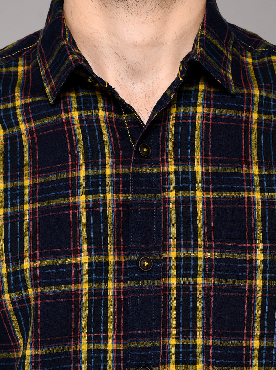 Greenfibre Blue & Yellow Checked Slim Fit Casual Shirt