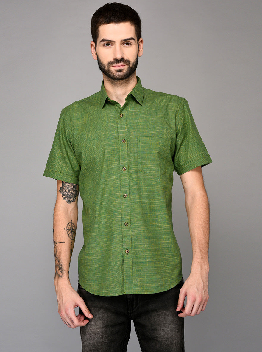 Green Self Textured Slim Fit Casual Shirt | JB Sport