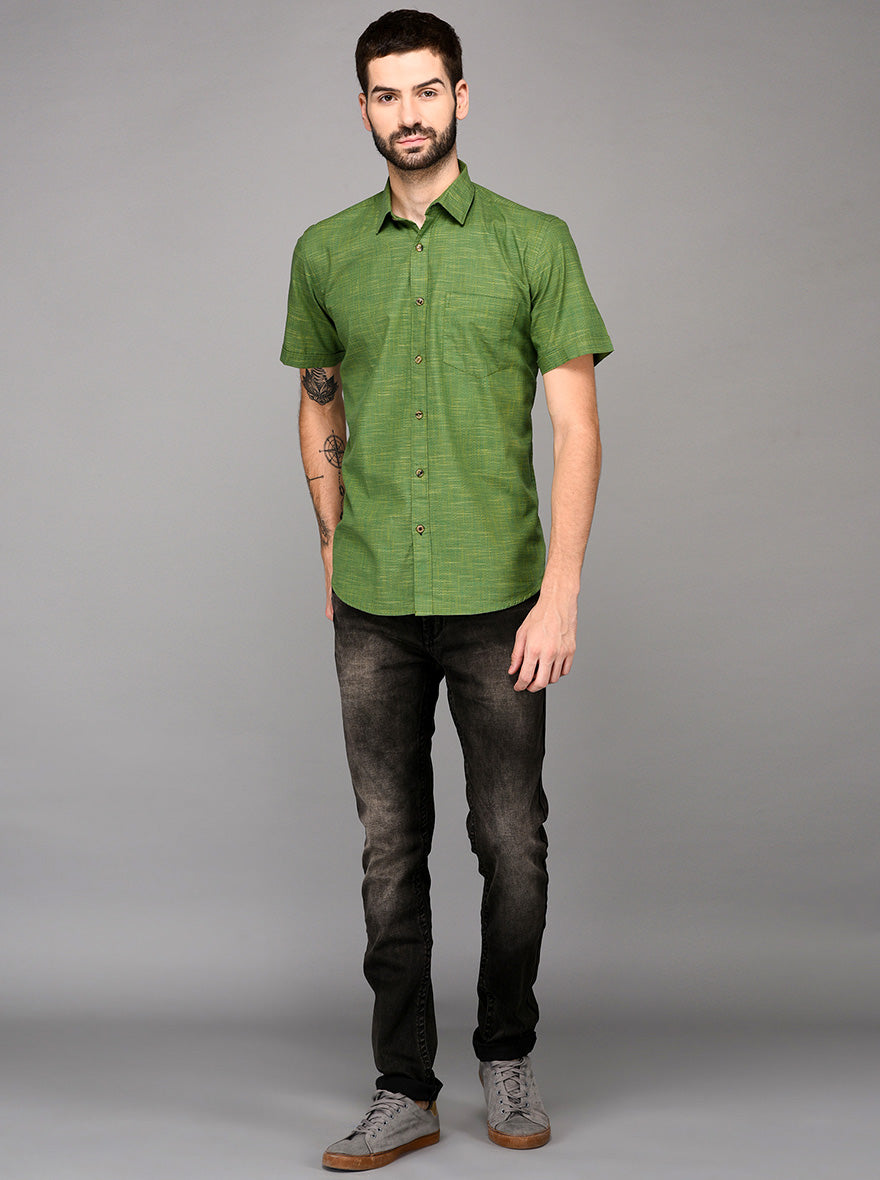 Green Self Textured Slim Fit Casual Shirt | JB Sport