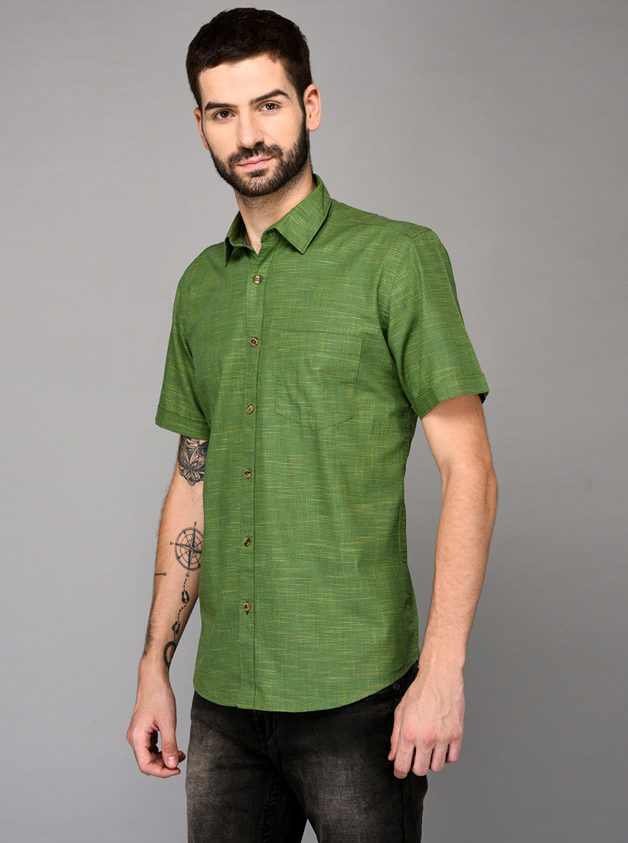 Green Self Textured Slim Fit Casual Shirt | JB Sport