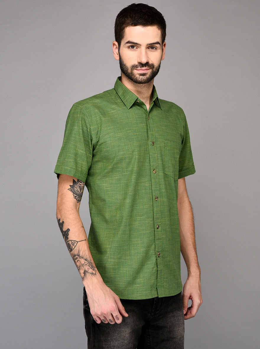 Green Self Textured Slim Fit Casual Shirt | JB Sport