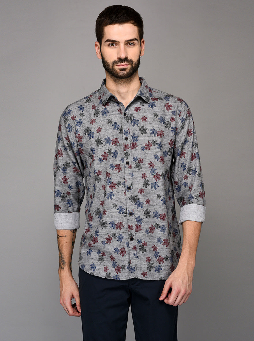 JB Sport Grey & Red Printed Slim Fit Casual Shirt