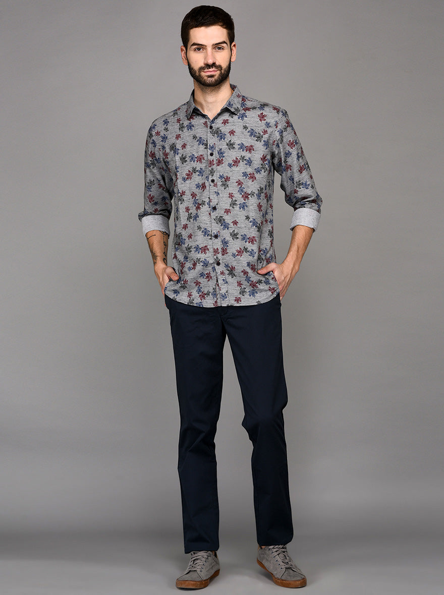 JB Sport Grey & Red Printed Slim Fit Casual Shirt
