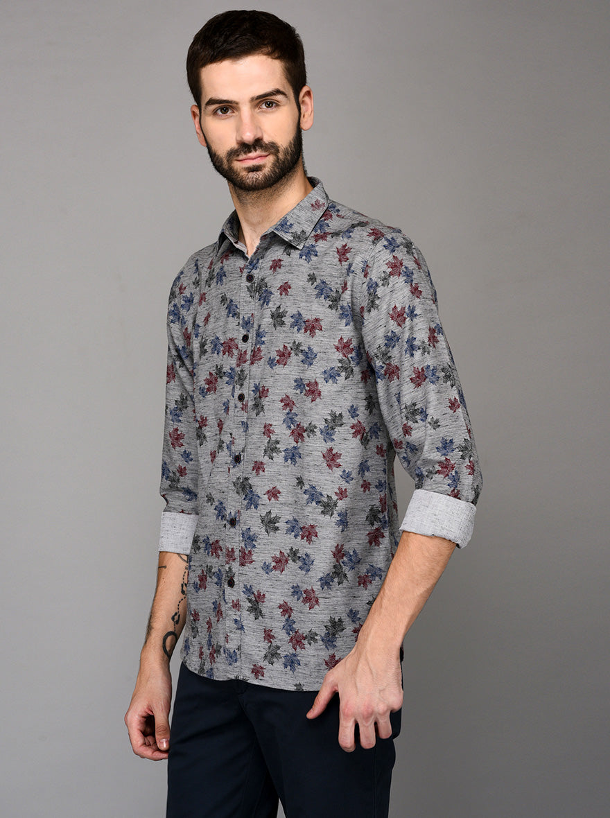 JB Sport Grey & Red Printed Slim Fit Casual Shirt