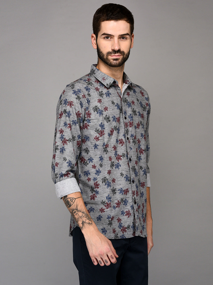 JB Sport Grey & Red Printed Slim Fit Casual Shirt