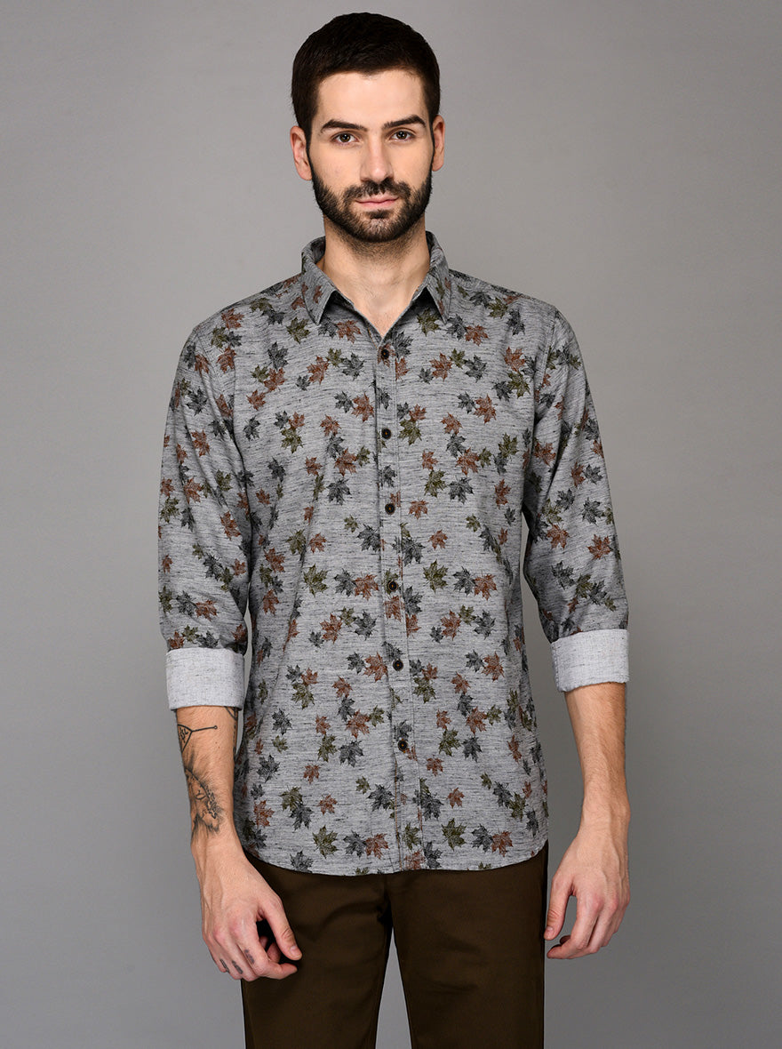 JB Sport Grey & Green Printed Slim Fit Casual Shirt