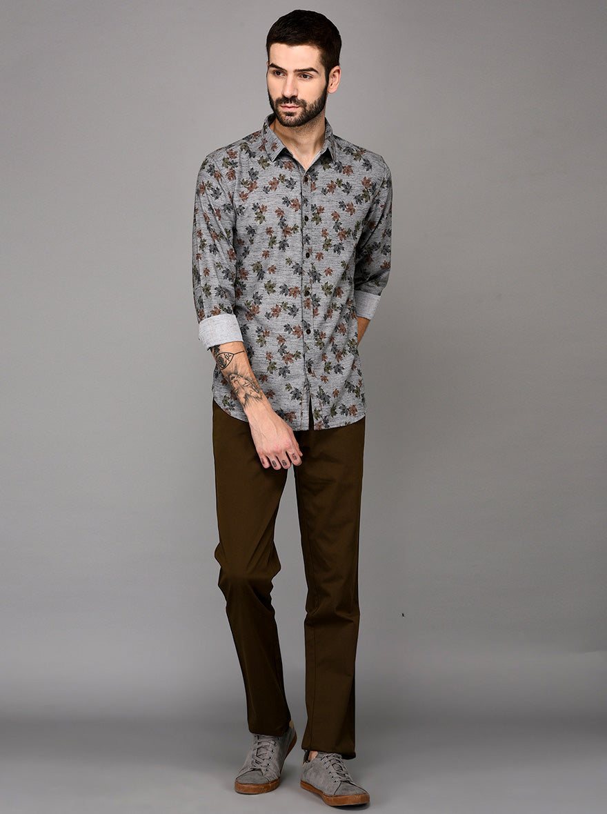 JB Sport Grey & Green Printed Slim Fit Casual Shirt