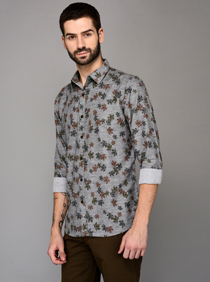 JB Sport Grey & Green Printed Slim Fit Casual Shirt