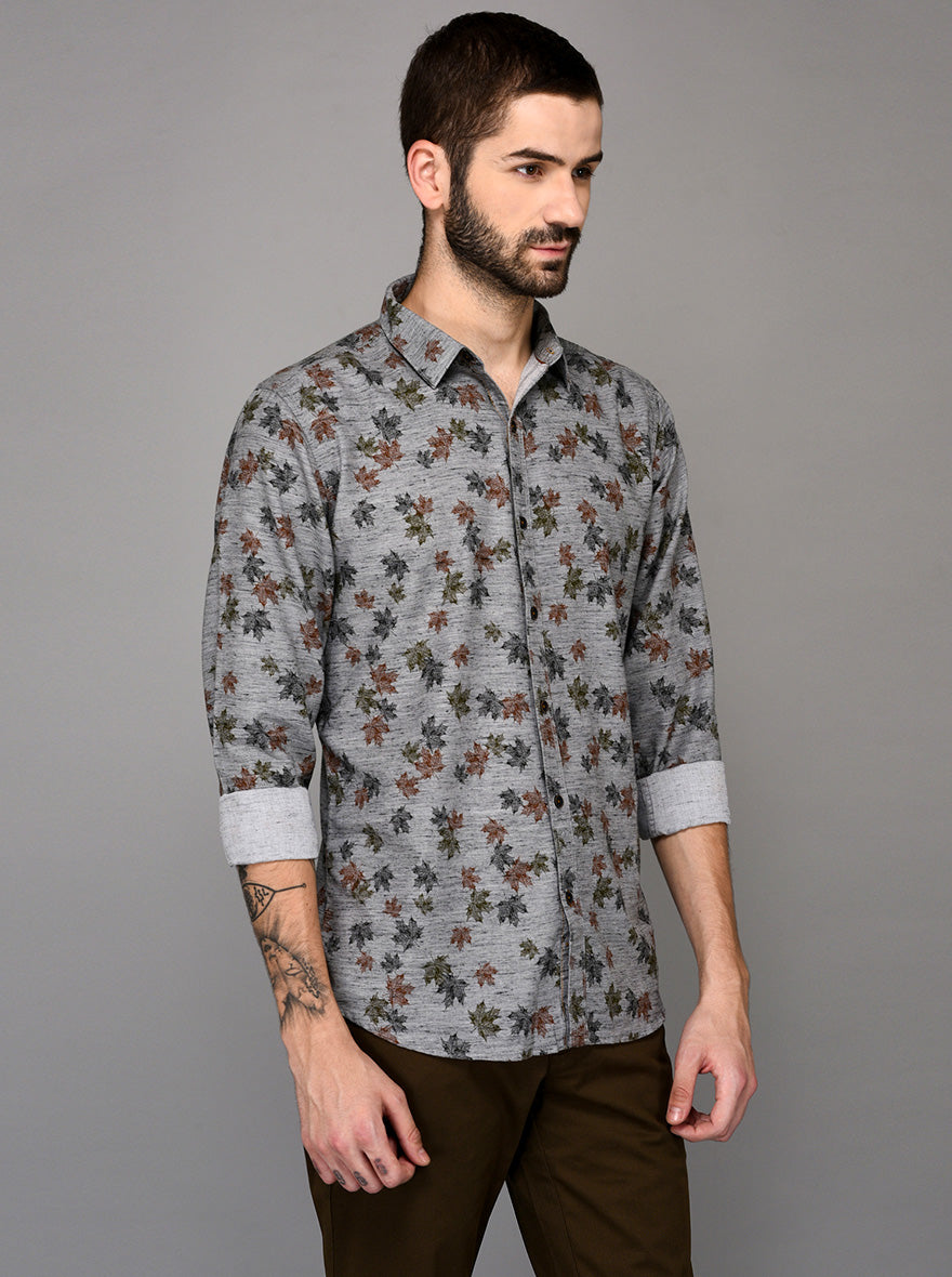 JB Sport Grey & Green Printed Slim Fit Casual Shirt