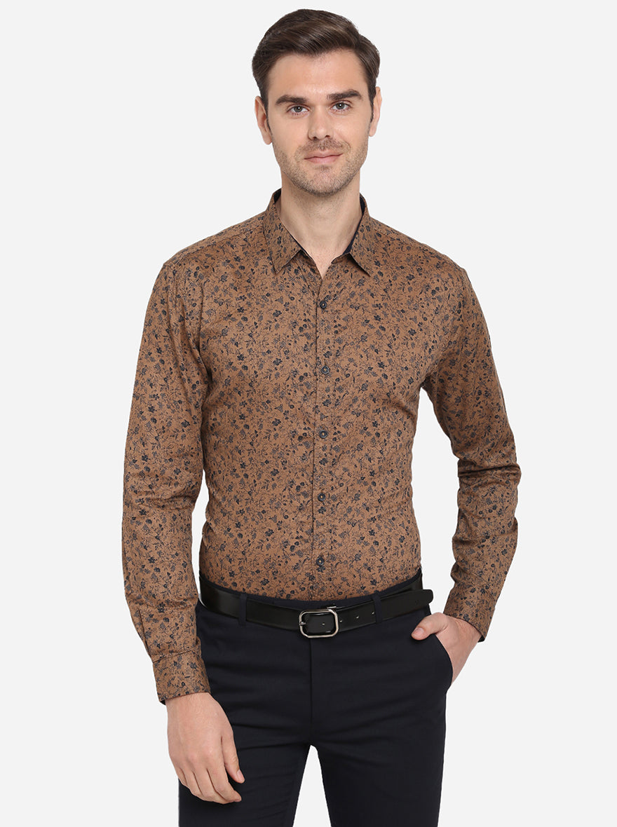 Golden Brown Printed Slim Fit Casual Shirt | Greenfibre