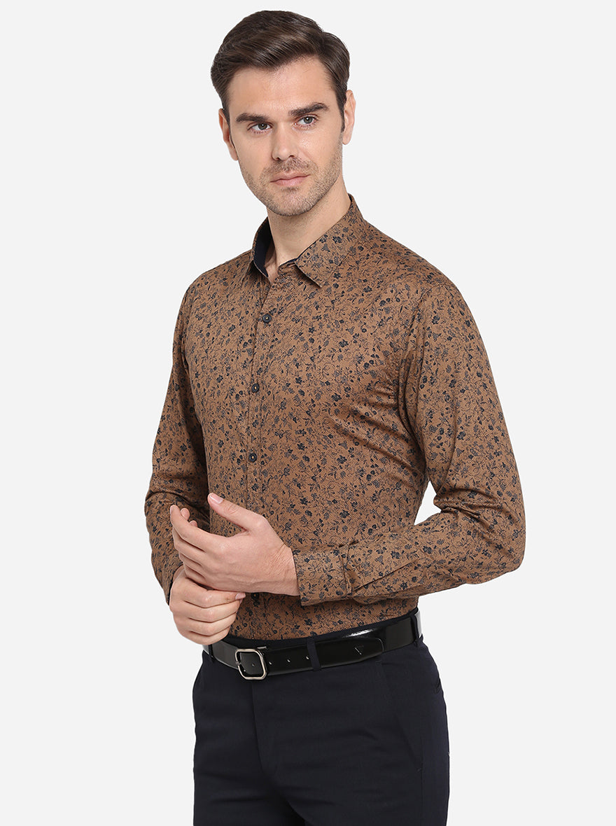 Golden Brown Printed Slim Fit Casual Shirt | Greenfibre