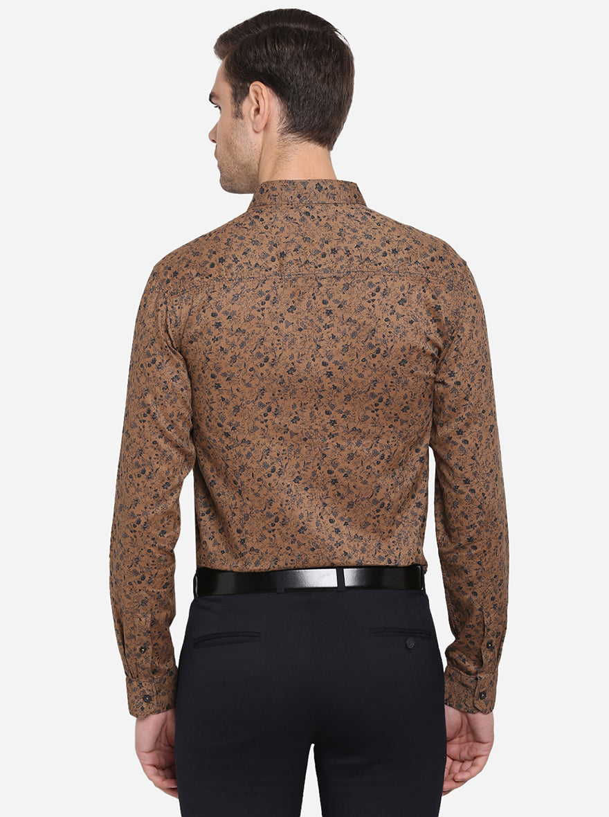 Golden Brown Printed Slim Fit Casual Shirt | Greenfibre