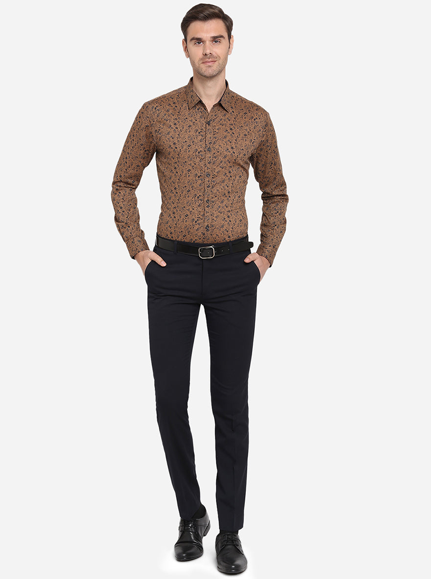 Golden Brown Printed Slim Fit Casual Shirt | Greenfibre