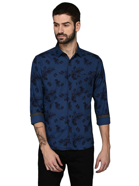 Greenfibre Blue Printed Slim Fit Casual Shirt