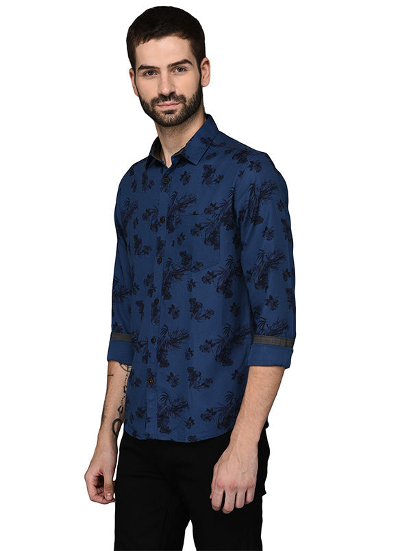 Greenfibre Blue Printed Slim Fit Casual Shirt