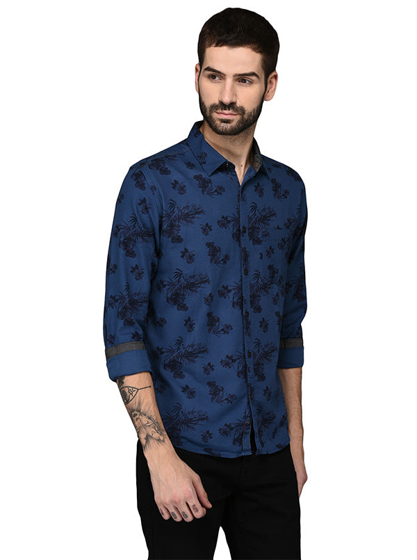 Greenfibre Blue Printed Slim Fit Casual Shirt