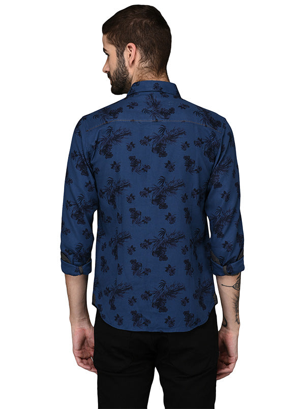 Greenfibre Blue Printed Slim Fit Casual Shirt