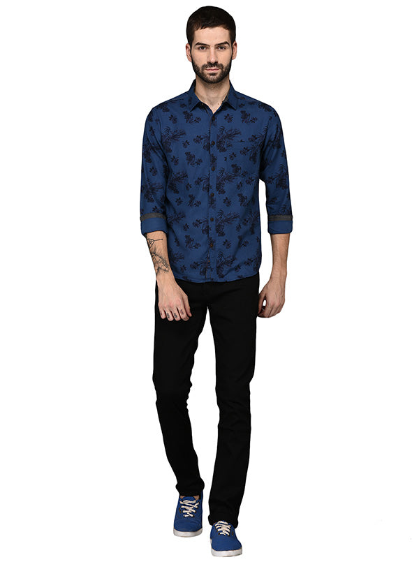 Greenfibre Blue Printed Slim Fit Casual Shirt