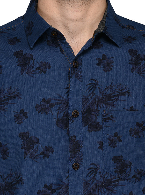 Greenfibre Blue Printed Slim Fit Casual Shirt