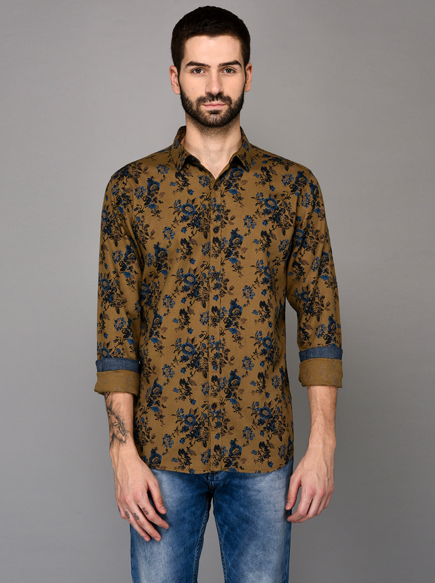 JB Sport Khaki Printed Slim Fit Casual Shirt