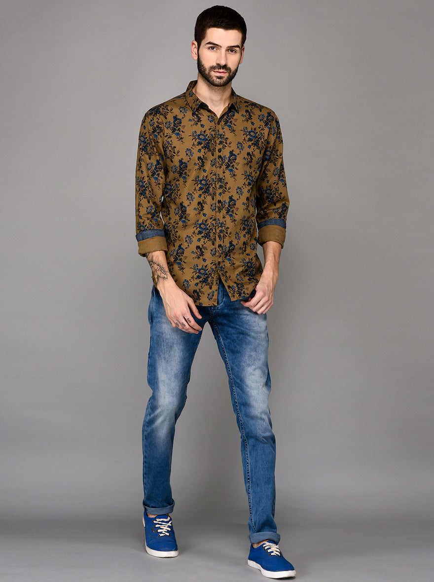 JB Sport Khaki Printed Slim Fit Casual Shirt